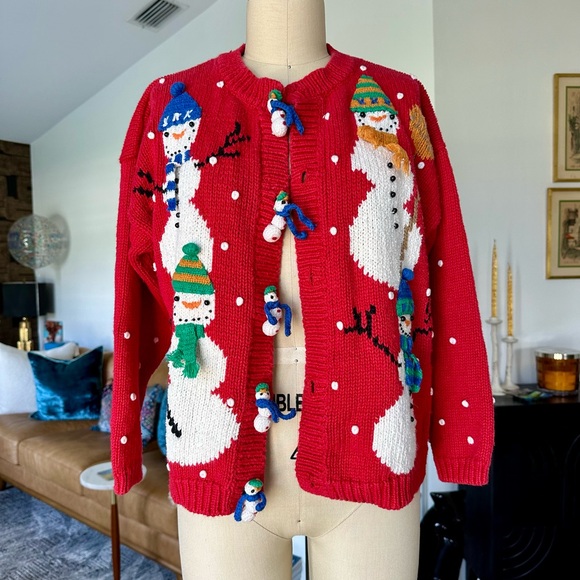 Vintage 90’s Festive Red Snowman Knit Cardigan - Picture 2 of 16